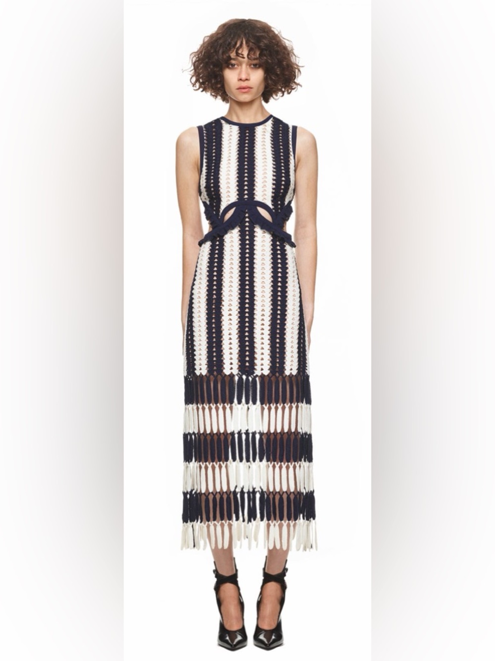 Self-Portrait Navy and White Crochet Midi Dress